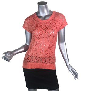 Investments Women's Small Coral Orange Open Knit Short Sleeve Sweater Knit Top C